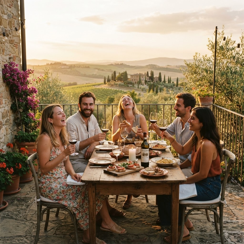 Ospiti che vivono un'esperienza locale su una terrazza toscana